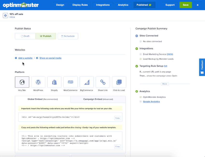 Add site to the Publish screen for your OptinMonster campaign.