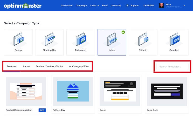 Search and filter available Inline type campaign templates.