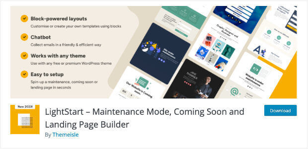 Screenshot of the WordPress.org page for LightStart: Maintenance Mode, Coming Soon, and Landing Page Builder