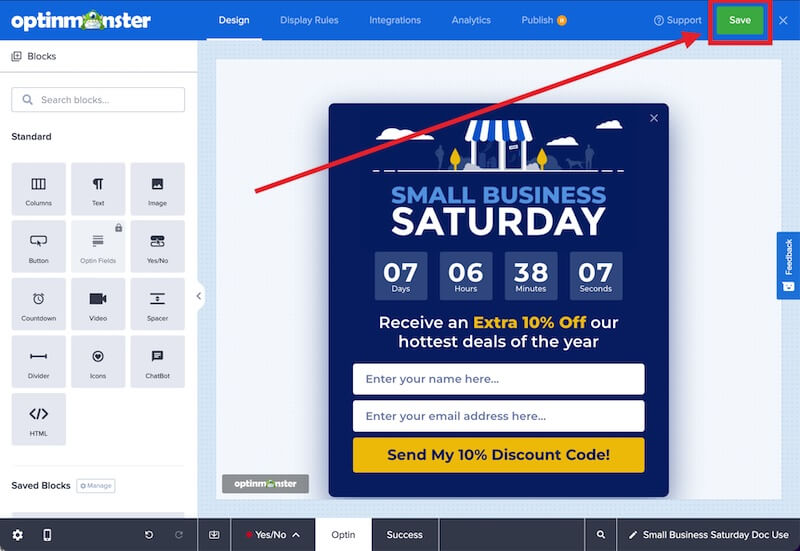 Save your OptinMonster campaign to ensure changes are not lost.