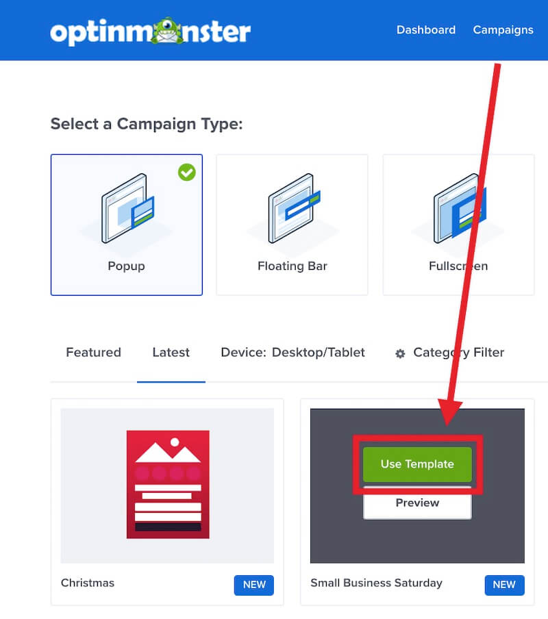 Select the template you want to use in OptinMonster.