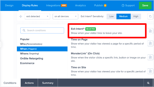 Screenshot of how to find Exit Intent in the Display Rules