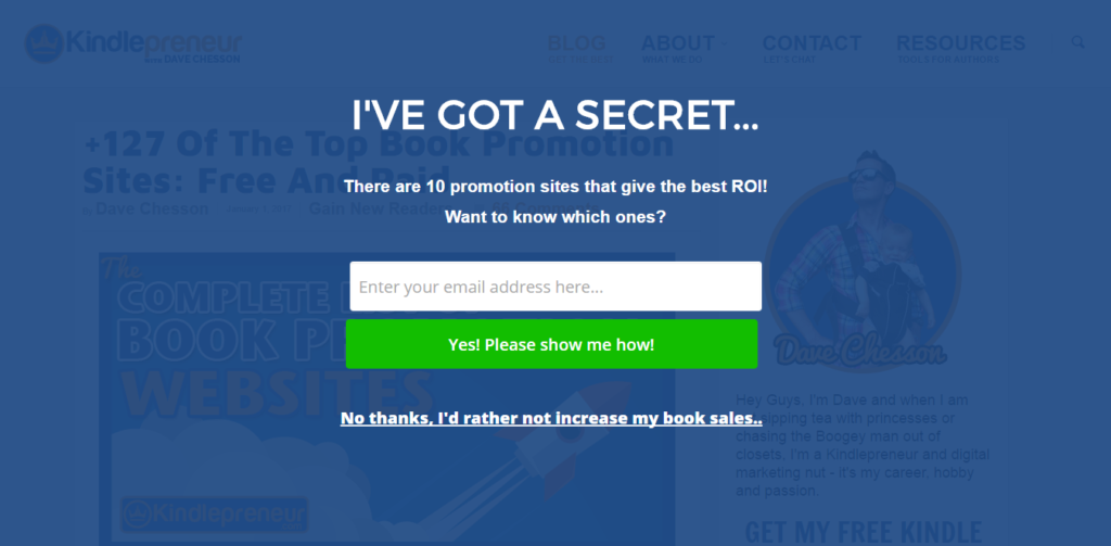 KindlePreneur uses a fullscreen optin from OptinMonster to share content upgrades
