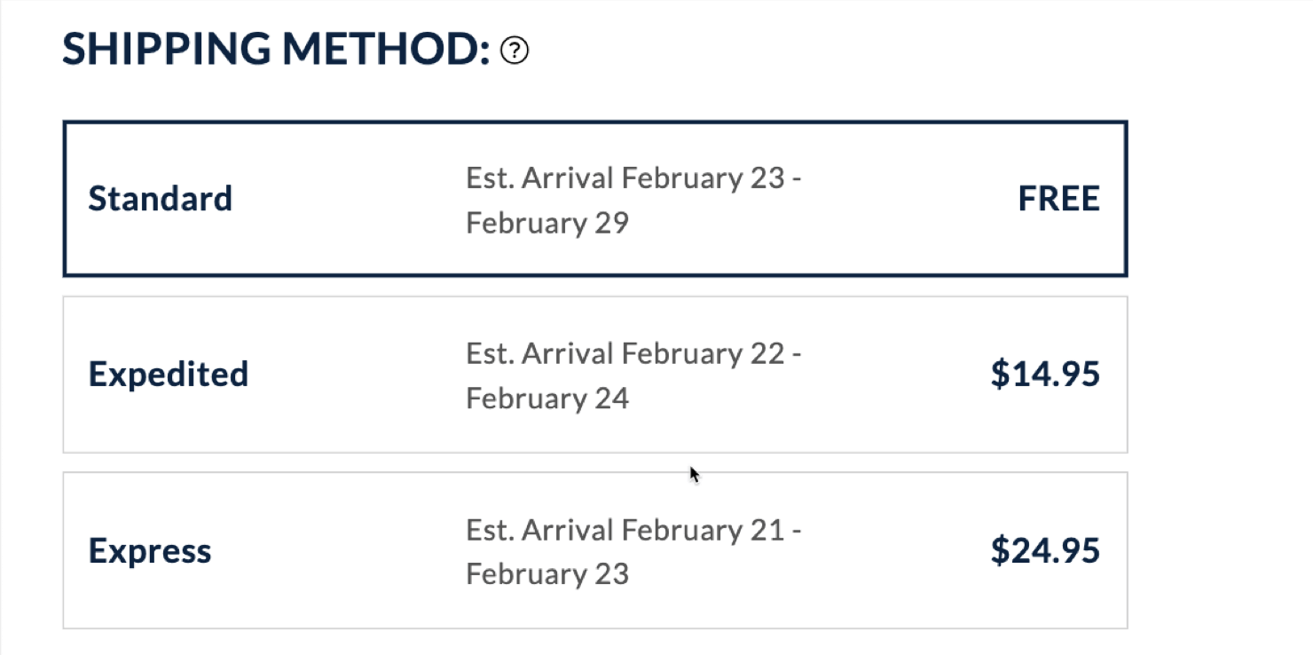 Screenshot of a checkout page shipping time chart. 