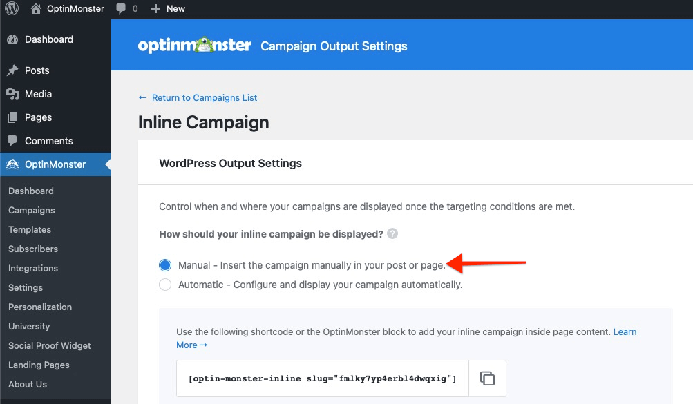 manual embed optinmonster plugin